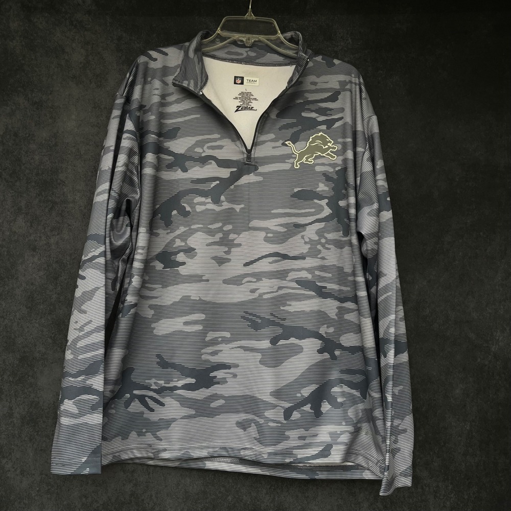 Zubaz NFL Detroit Lions Mens L Grey‎ Camo Quarter Zip Pullover Performance Top